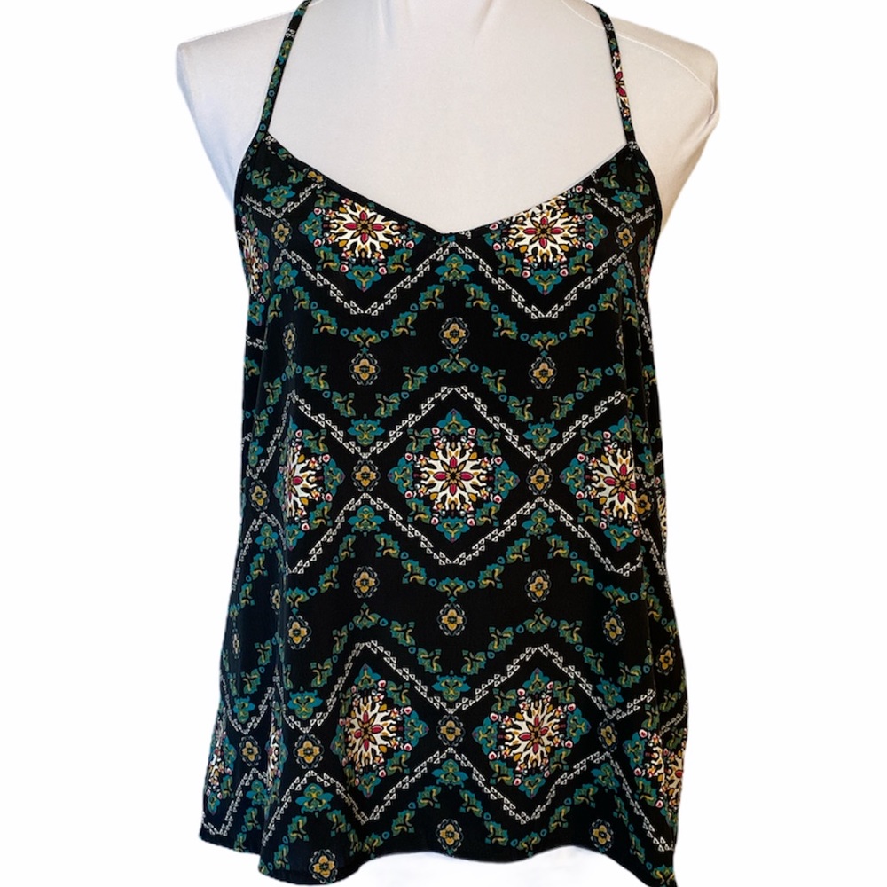Hollister Black Teal Mandala Print Strapy Racer Back Tank Top Camisole Silky